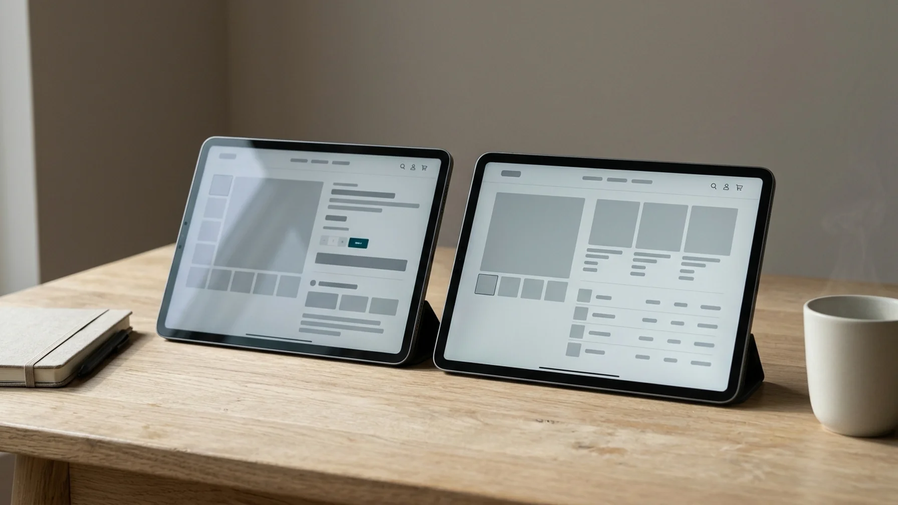 Two tablet screens side by side on a table showing the same product page in different languages and currencies, with a notebook and coffee cup nearby.