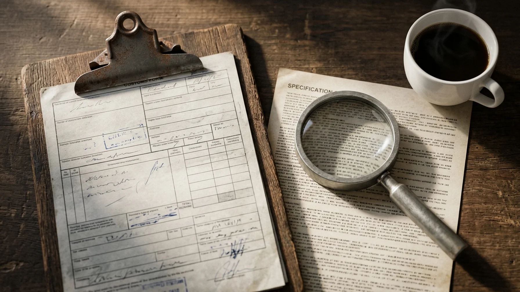 Close-up of a customs declaration form on a clipboard beside a magnifier and a product specification sheet on a wooden desk