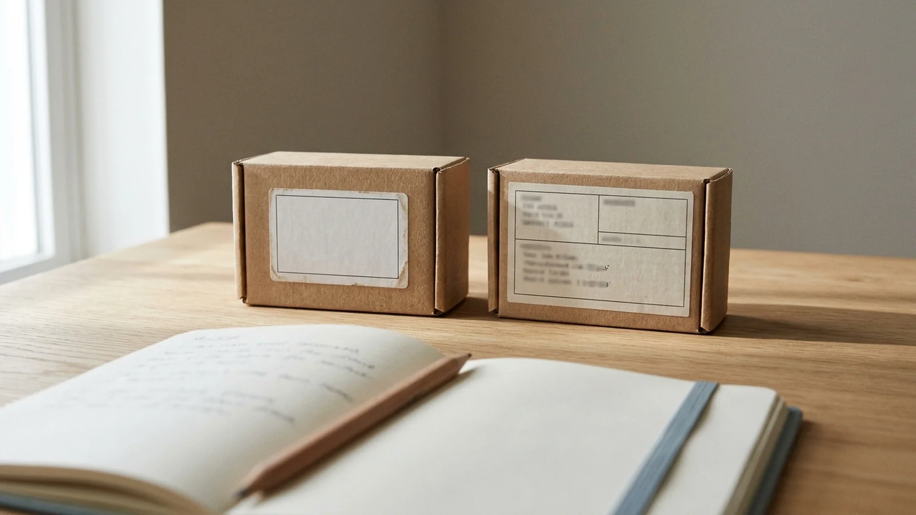 Two versions of a product package side by side on a table, one with unfamiliar label layout, next to a notebook of handwritten notes