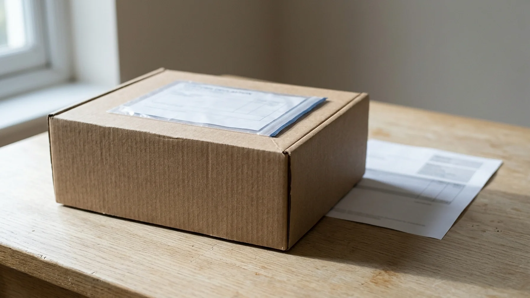 A small parcel on a kitchen table with a customs declaration pouch and a printed duty notice beside it, daylight from a nearby window