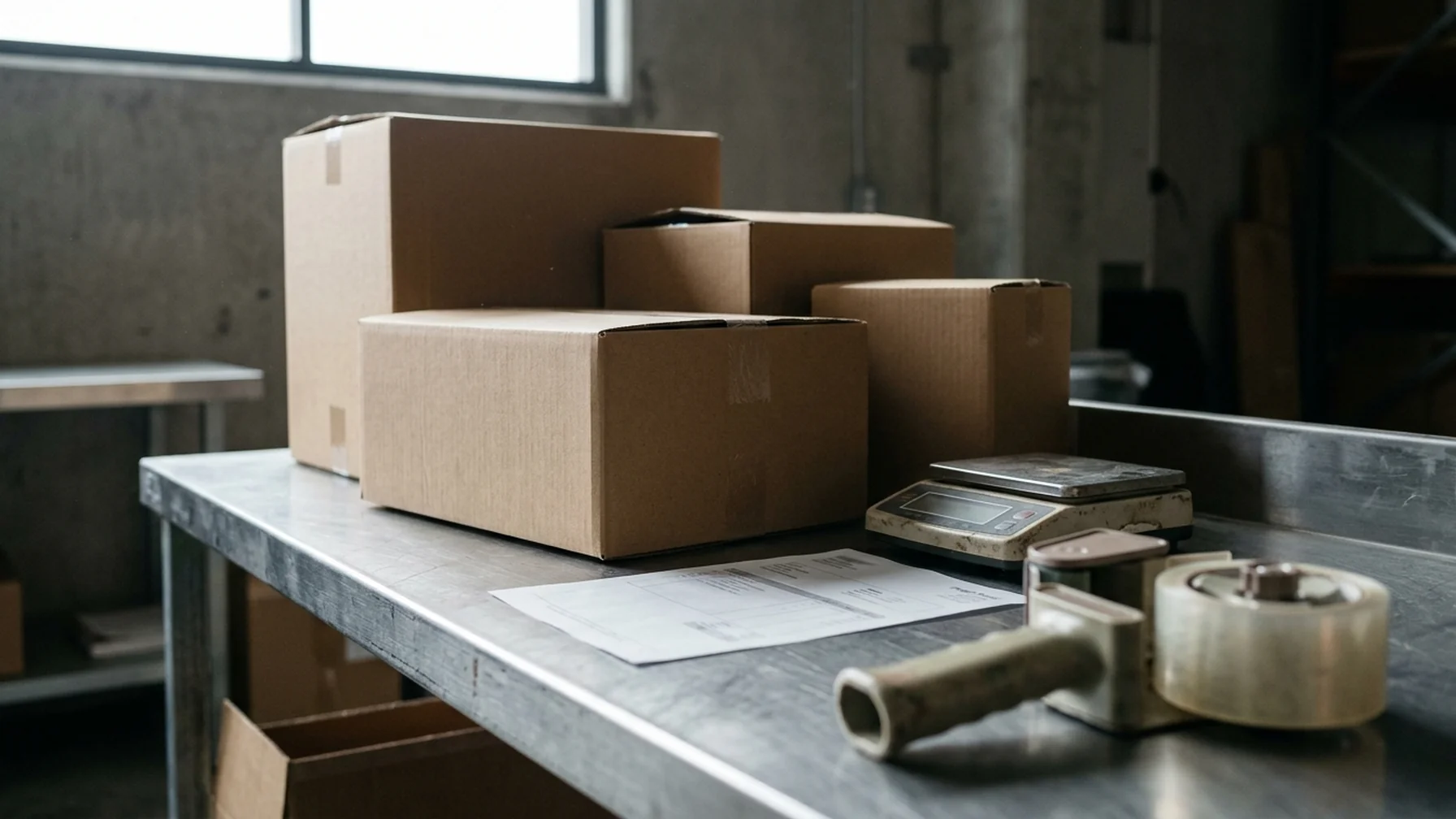 Shipping cartons and a freight invoice on a warehouse packing bench with a tape dispenser and scale