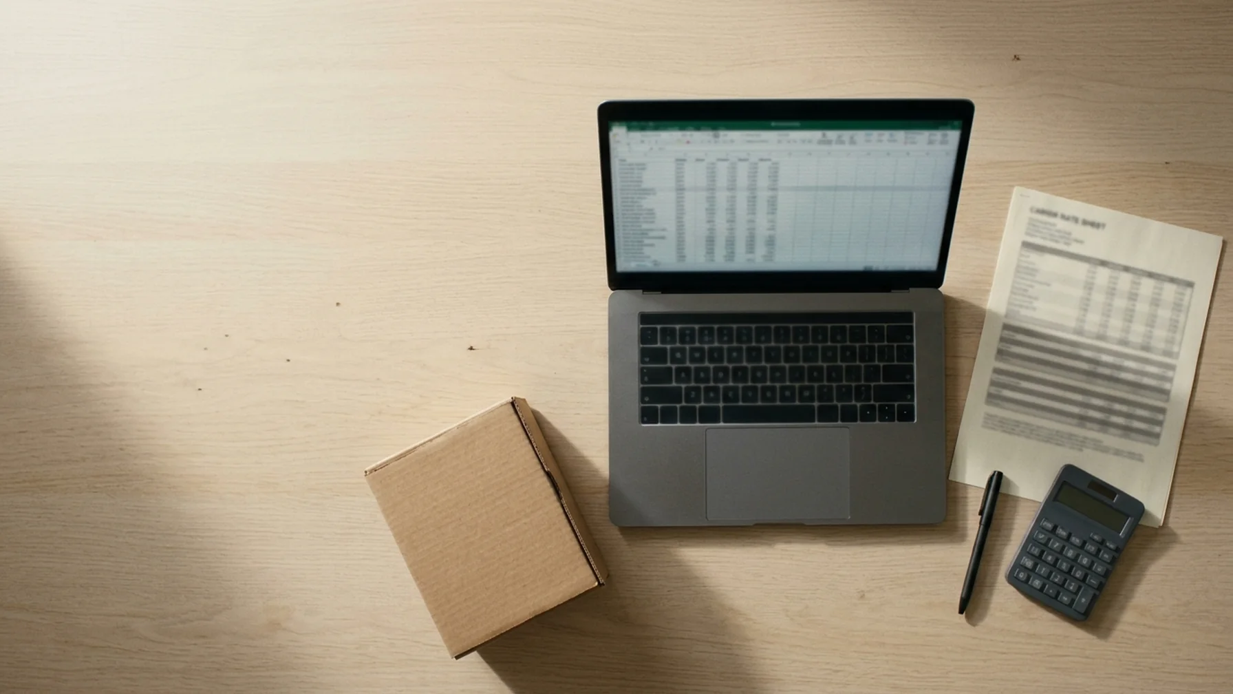A desk with a laptop showing a spreadsheet of shipping and duty line items, a calculator, and a printed carrier rate sheet beside a small cardboard box.