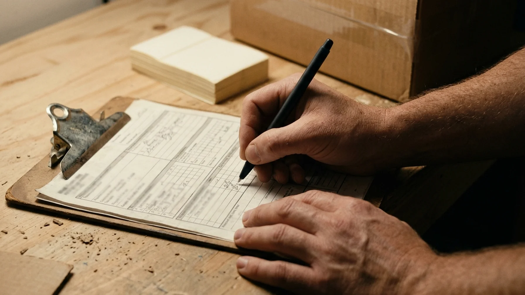 Hands filling out a commercial invoice form on a clipboard next to a stack of shipping labels and a sealed parcel on a packing table.